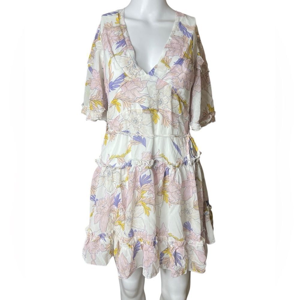 jjwm woman Floral V-Neck Dress White Pink Size Medium